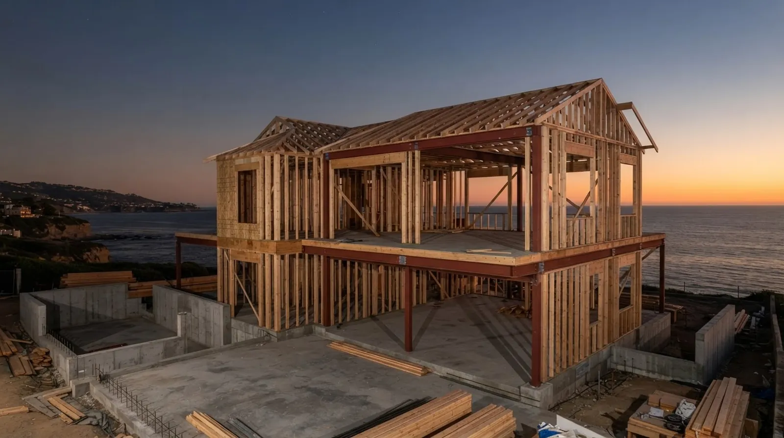 A freshly poured concrete foundation and aligned lumber framing of a large coastal home under a clear sky, showing structural steel integration.