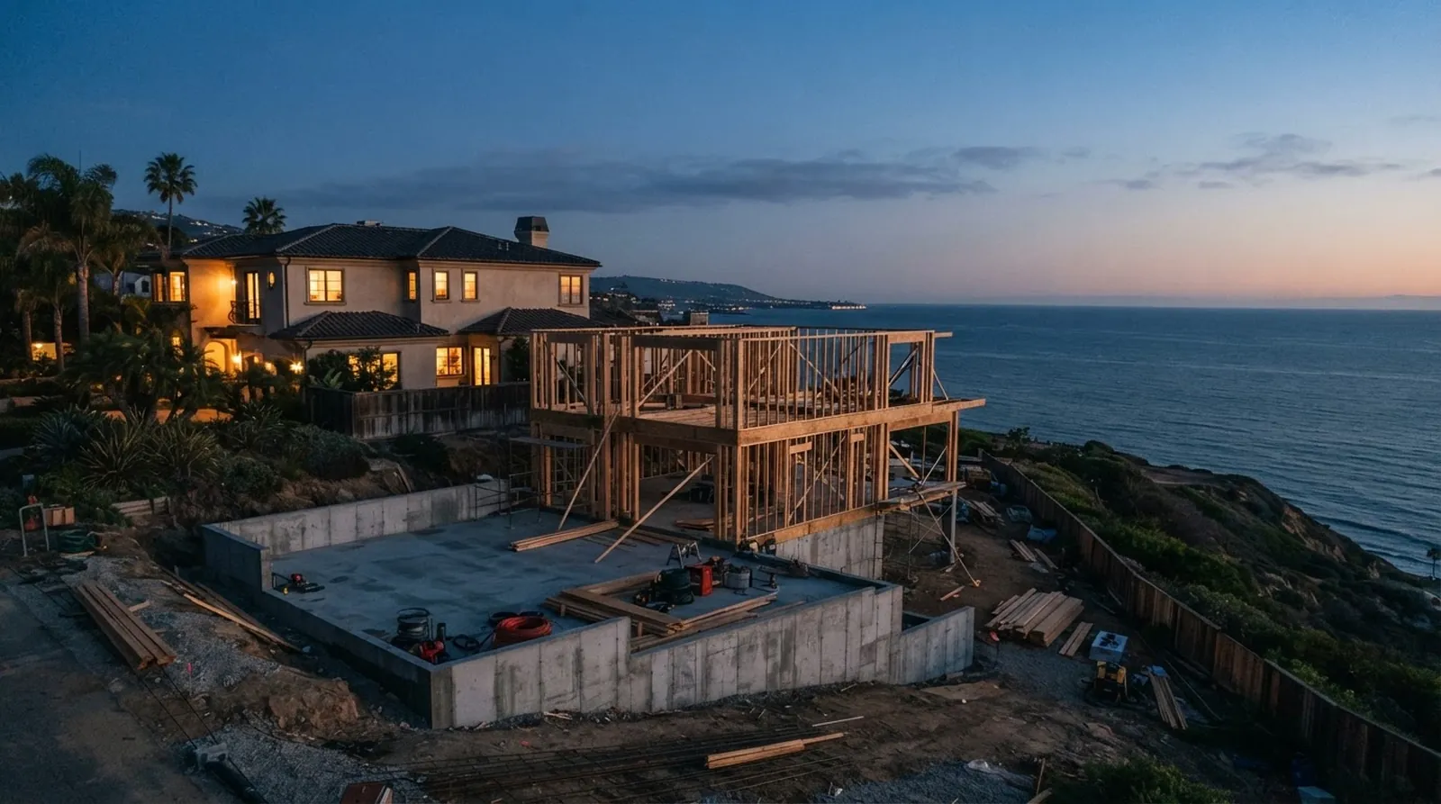 A freshly poured concrete foundation and exposed wood framing connecting a new structure to an existing stucco home on a sloped residential lot.