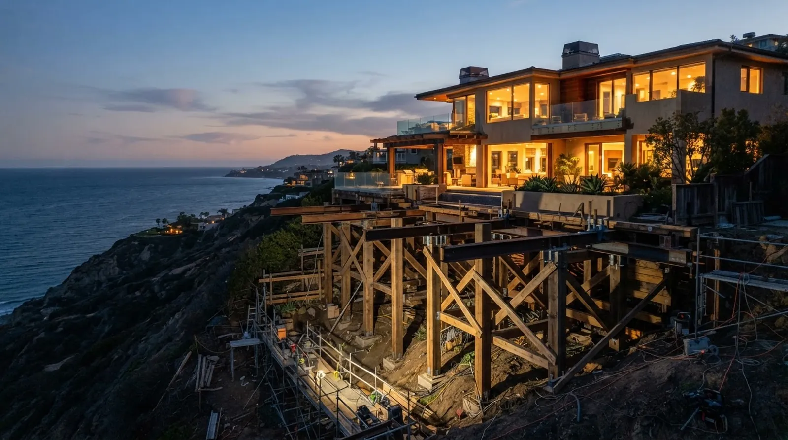 Exposed steel I-beams and heavy timber shoring supporting a coastal hillside foundation during a major structural retrofit