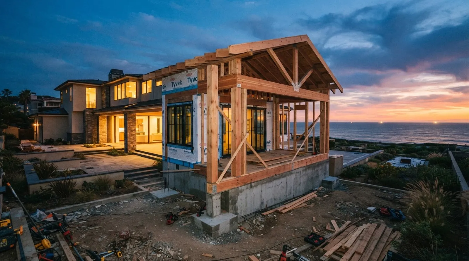 A newly framed residential addition extending into a backyard, showing exposed Douglas fir beams, protective house wrap, and freshly poured concrete footings over compacted soil.