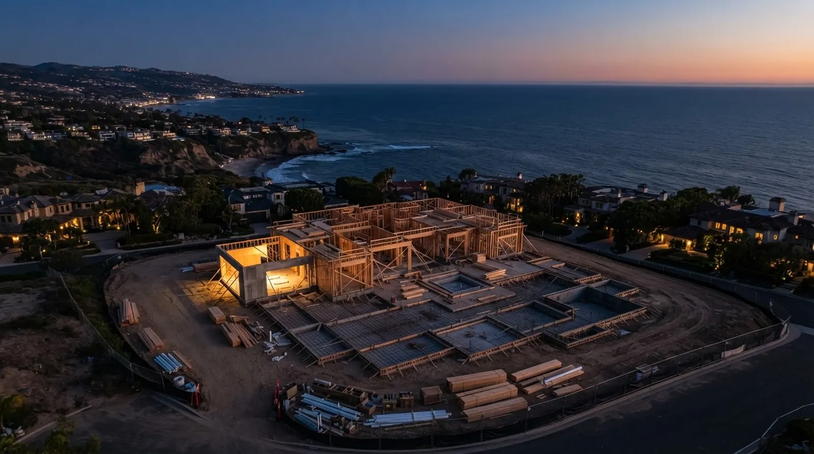 An aerial view of a meticulously graded residential lot with precisely aligned concrete foundation forms and initial lumber staging, completely devoid of people or heavy machinery.