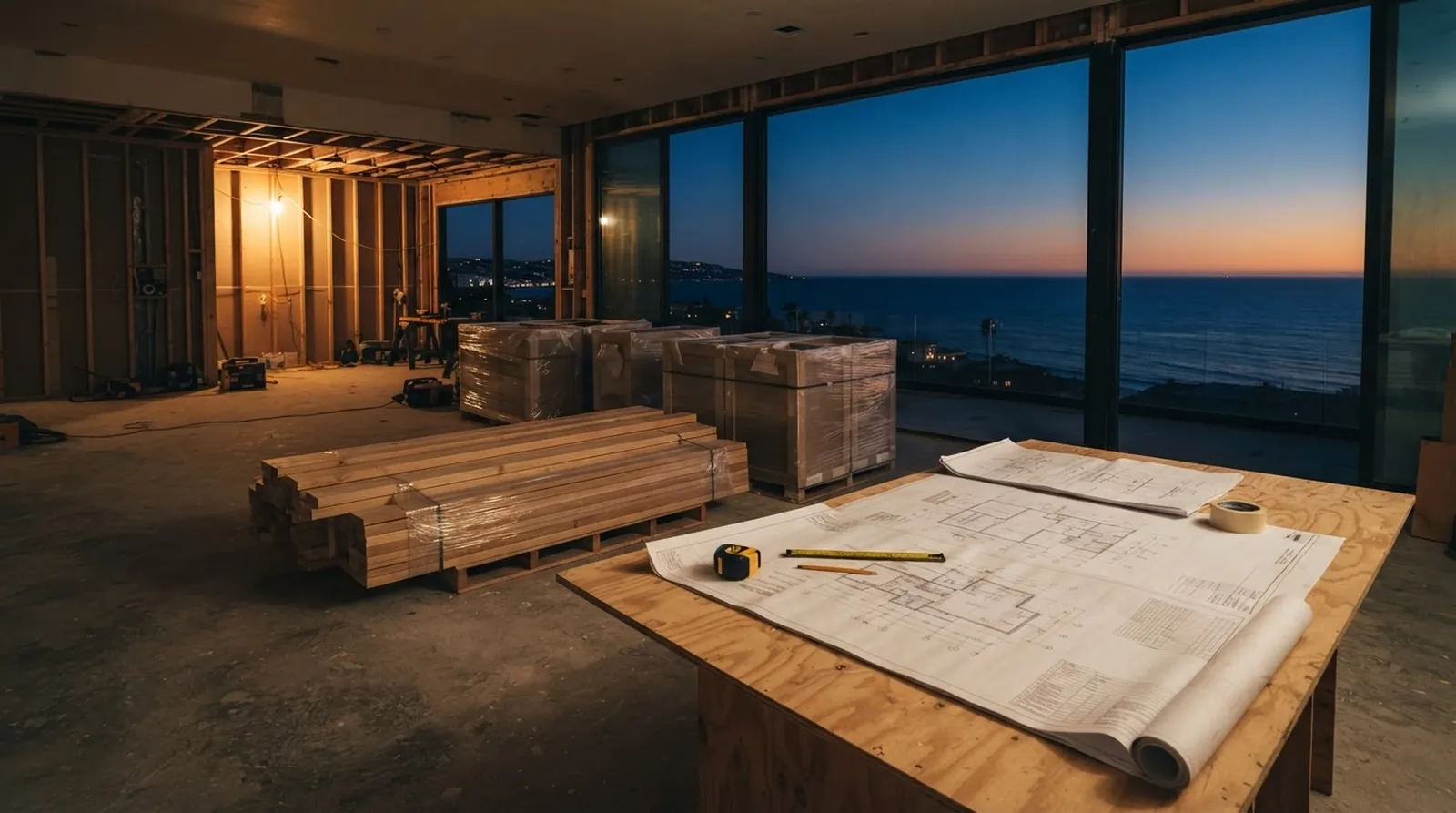 A neatly organized staging area inside a residential interior featuring stacked premium lumber wrapped custom cabinetry and architectural blueprints.