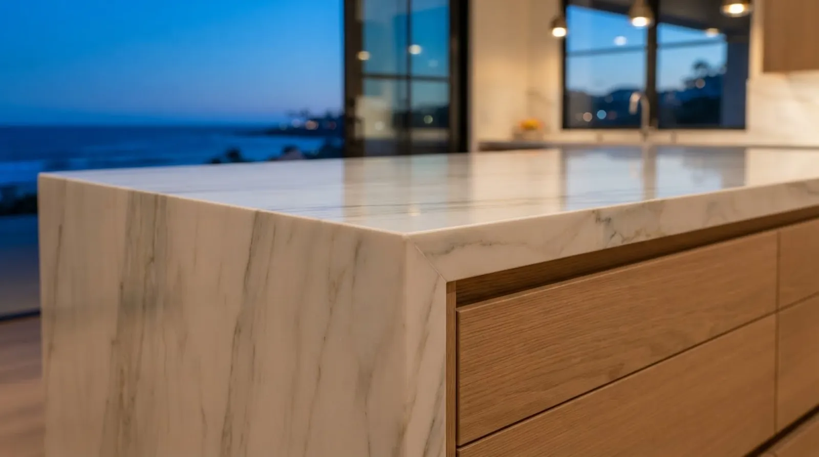 A macro photograph of precision-milled white oak cabinetry intersecting with a mitered-edge quartzite countertop, showcasing flawless architectural reveals and premium material integration.