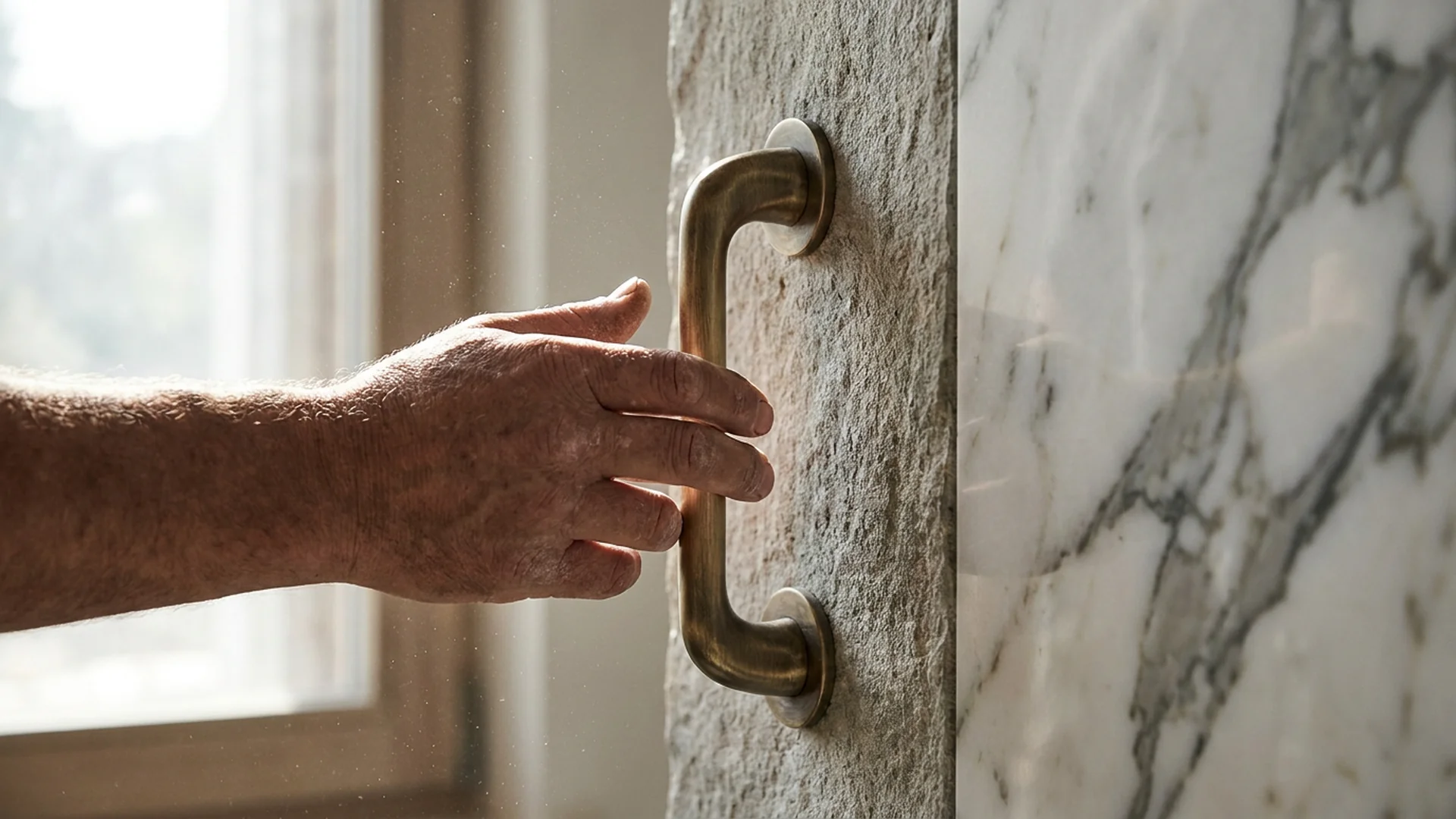 Material detail — natural stone and brushed bronze